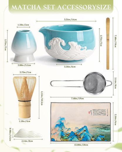 7-Piece Matcha Starter Set – Blue & White Wave
