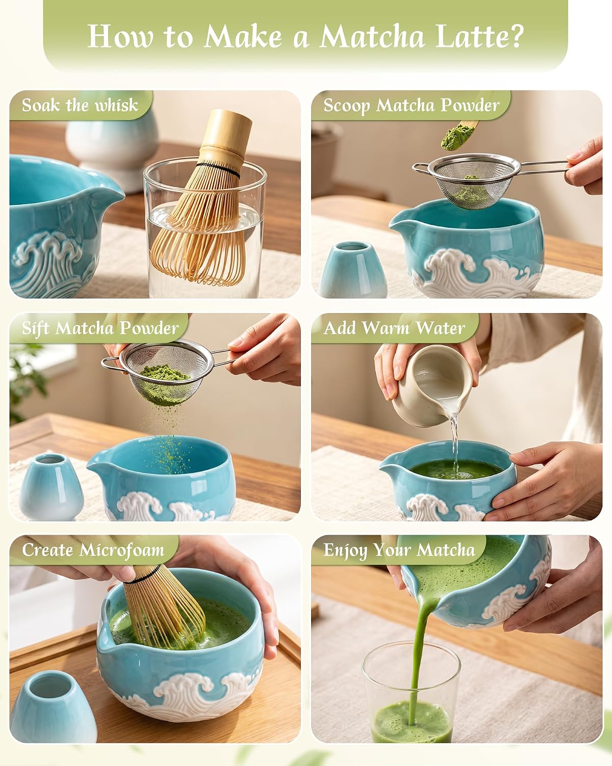 7-Piece Matcha Starter Set – Blue & White Wave