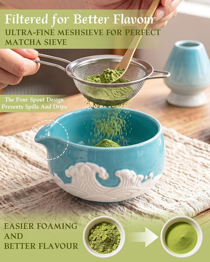 7-Piece Matcha Starter Set – Blue & White Wave