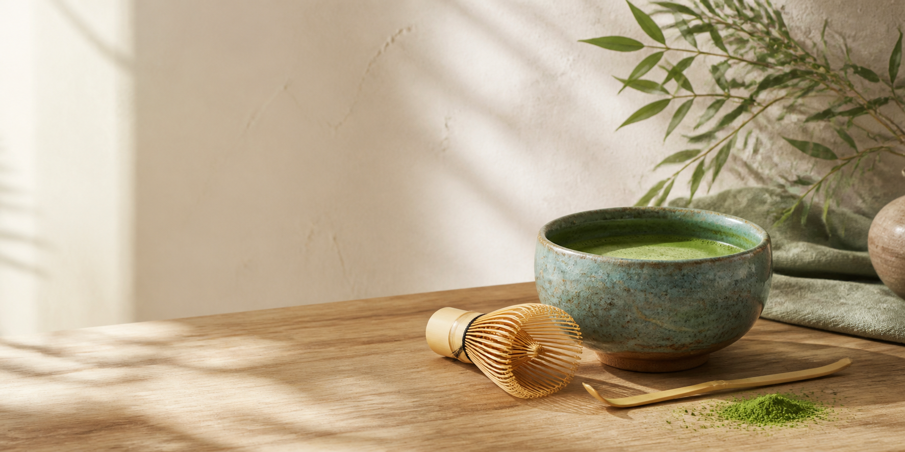 Ceramic matcha bowl and bamboo whisk arranged for a calm tea ritual