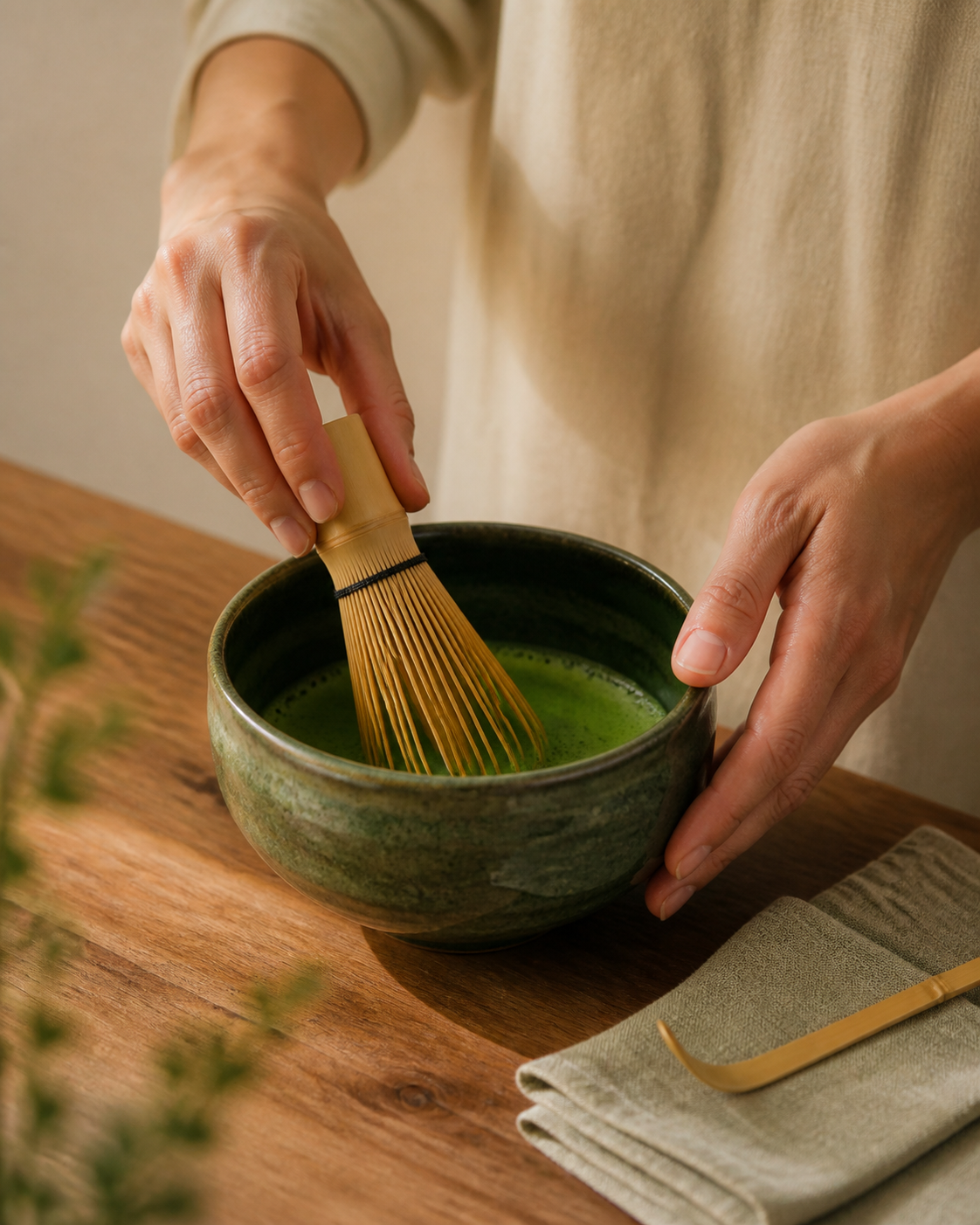 Hands whisking bright green matcha in a ceramic bowl